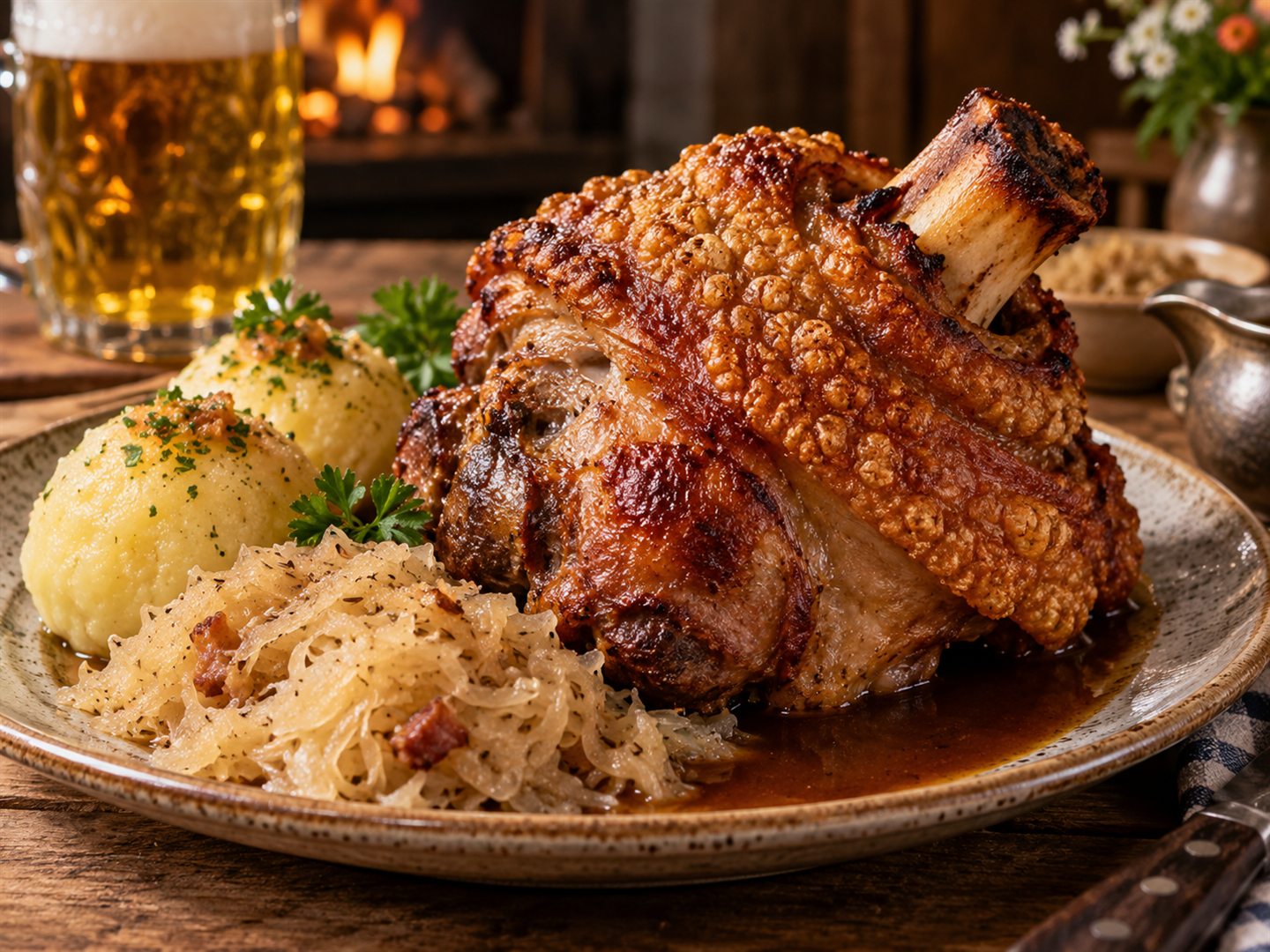 Gebratene Schweinshaxe mit blasig aufgeworfener, goldbrauner Kruste und herausstehendem Knochen, daneben zwei Kartoffelknödel mit Petersilie, Sauerkraut und eine Maß helles Bier — dahinter ein offenes Kaminfeuer.